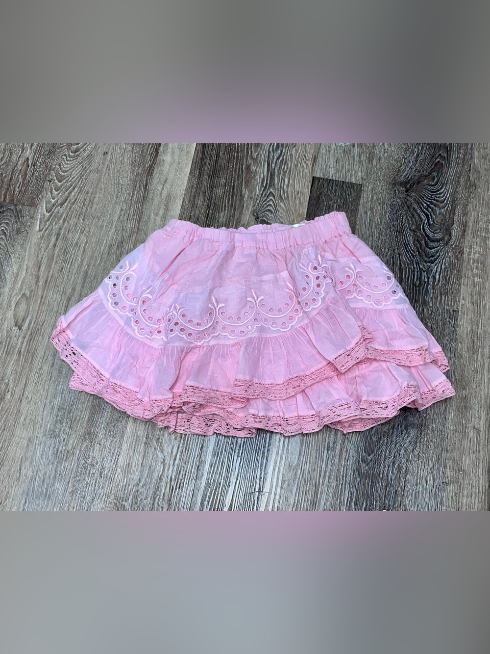 LoveShackFancy Pink Tiered Eyelet Lace Skirt